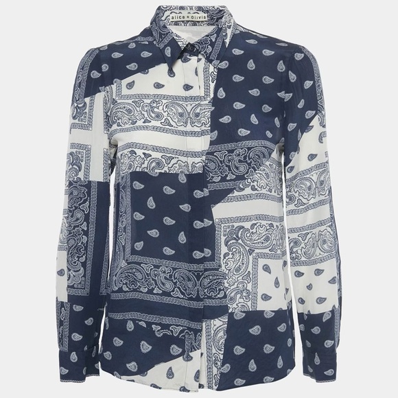 Alice + Olivia Willa Silk Placket Bandana Patchwork Shirt in Blue/White, Size XS - Picture 2 of 13